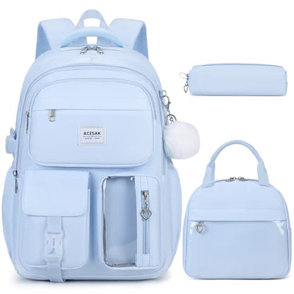 ACESAK Backpack for Girls - Girls Backpack with Lunch Bag & Pencil Pouch for Teen Kids Laptop Backpack for Women, Elementary Middle High School Bookbag Travel Daypack (Blue) - color: Blue