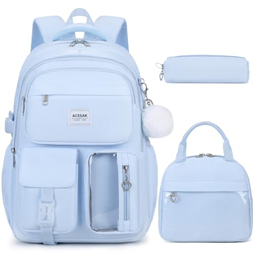 ACESAK Backpack for Girls - Girls Backpack with Lunch Bag & Pencil Pouch for Teen Kids Laptop Backpack for Women, Elementary Middle High School Bookbag Travel Daypack (Blue) - color: Blue
