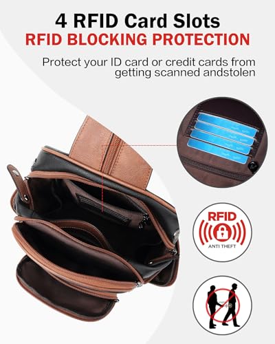 FADEON Large Sling Bag for Women, Designer Leather Crossbody Purse Convertible Sling Backpack, Anti Theft Daypack for Travel - color: Retro Black With Brown