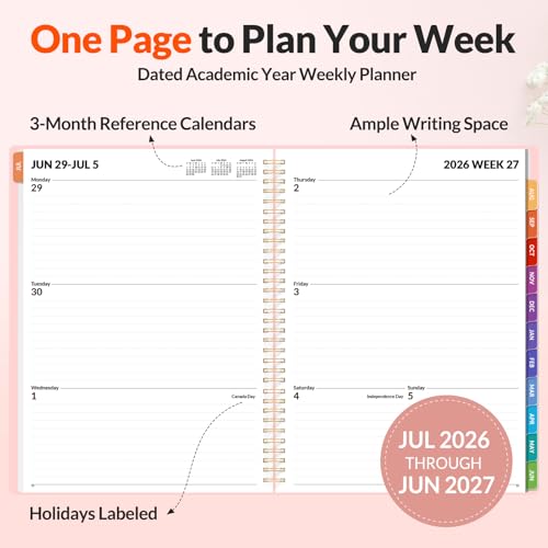 SUNEE Academic Planner 2026-2027 – Weekly & Monthly Planner, July 2026 to June 2027, 8.5"x11", Thick Paper, Tabs, Pockets, Bookmark, Spiral-Bound, Student Teacher Organizer, Pink - color: Pink