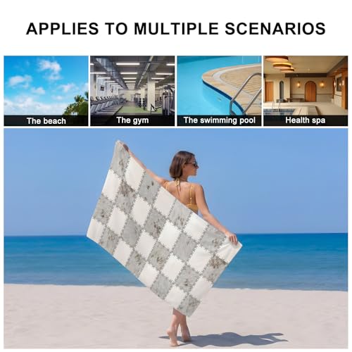 Cream Gray Checkered Bath Towels Set of 3 for Bathroom,Soft Absorbent Shower Beach Hand Face Hair Yoga Workout Gym Towel Dish Wahcloth,Modern Farmhouse Plaid Fur Texture Quick Dry Bath Towels+Set - color: White, Off-white, Grey