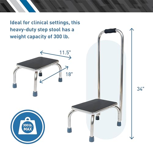 BodyMed Heavy-Duty Foot Step Stool with Handle and Non-Slip Rubber Platform for Seniors & Adults – Holds up to 300lbs, 9 ½ in. Step Up, 18”L x 11.5”W x 34”H - color: Chrome With Handle