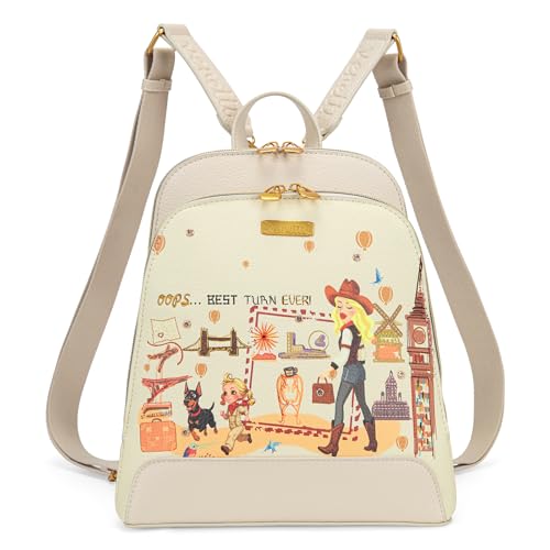 Venetti Cityscape Illustration Mini Backpack for Women and Girls, Cute Small Backpack Purse with Multi-Pocket and Zipper, Light Print Shoulder Bag Leather for Travel Daily Use VN-HB-001-BG - color: Beige