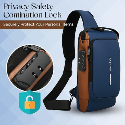 Unisex Anti-Theft Sling Bag with USB Port, Water-Resistant Crossbody Chest Backpack for Travel & Work - color: Blue & Golden