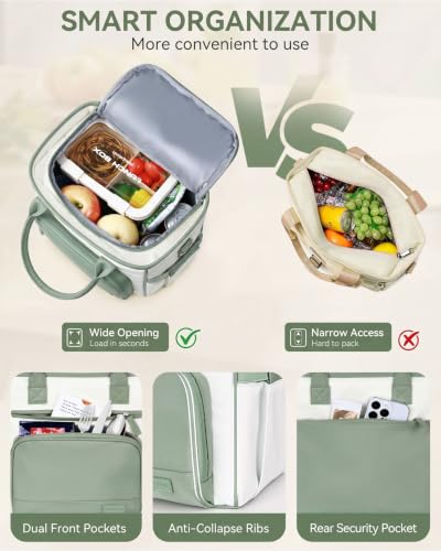 HOMESPON Insulated Lunch Bag Women Wide Opening Adult Lunch Box Large Leakproof Cooler Bag for Work Picnic Beach Family College Lunch Teacher Tote Bag with Adjustable Shoulder Strap Cup Holder(Green) - color: Green