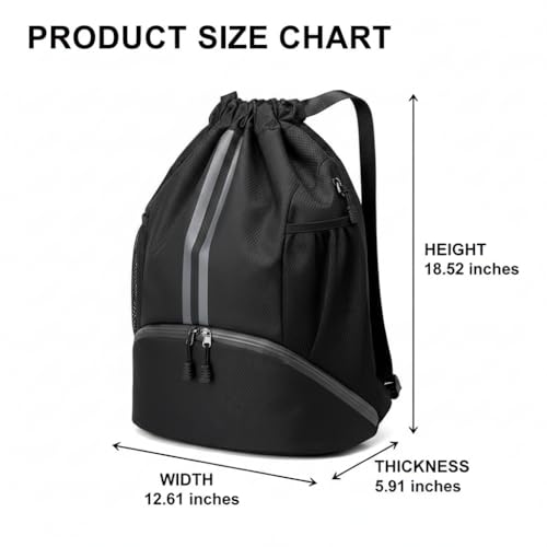 Drawstring Backpack Gym Bag with Shoes Compartment, Water‑Resistant String Backpack, Dry‑Wet Separation Cinch Sack for Soccer Basketball Swim Beach Sports for Women Men-Black - color: Black