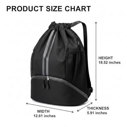 Drawstring Backpack Gym Bag with Shoes Compartment, Water‑Resistant String Backpack, Dry‑Wet Separation Cinch Sack for Soccer Basketball Swim Beach Sports for Women Men-Black - color: Black