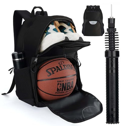 Soccer & Basketball Sports Bag with Ball Pump - Basketball Backpack with Separate Ball & Shoes Holder Compartment, Soccer Basketball Football & Volleyball Bag with Large Capacity - color: Black