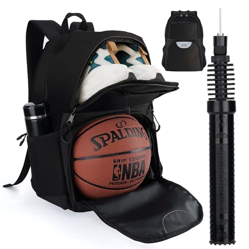 Soccer & Basketball Sports Bag with Ball Pump - Basketball Backpack with Separate Ball & Shoes Holder Compartment, Soccer Basketball Football & Volleyball Bag with Large Capacity - color: Black
