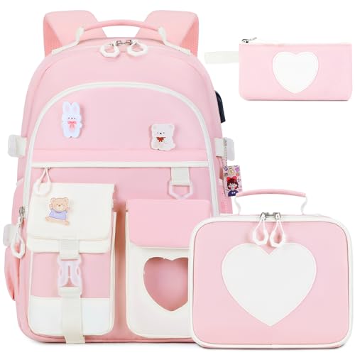 ACESAK Backpack for Girls - Bookbag Backpacks Schoolbag for Girls Kids Teen Women Casual Travel Daypacks - School Bag Elementary Middle School College Cute Backpack with Lunch Box (Pink White) - color: Pink White