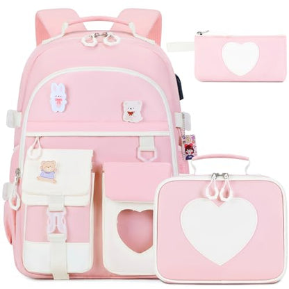 ACESAK Backpack for Girls - Bookbag Backpacks Schoolbag for Girls Kids Teen Women Casual Travel Daypacks - School Bag Elementary Middle School College Cute Backpack with Lunch Box (Pink White) - color: Pink White