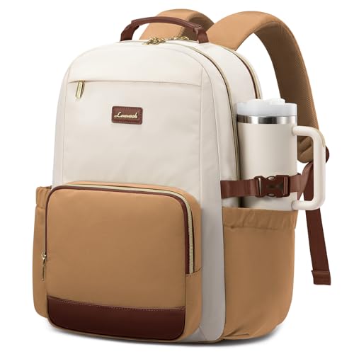 LOVEVOOK Laptop Backpack for Women with Pouch Pocket for Large Capacity Cup,15.6 Inch Laptop Computer Bag Travel Backpack Purse,Waterproof Work Business Backpack College Teacher Bag,Beige-Brown-Bbrown - color: Beige - Yellowish-brown - Chestnut Brown, siz