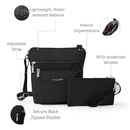 Baggallini Pocket Crossbody Bags for Women 8x8 Small Lightweight Durable Water-resistant Travel Purse W/Rfid - color: Black/Sand