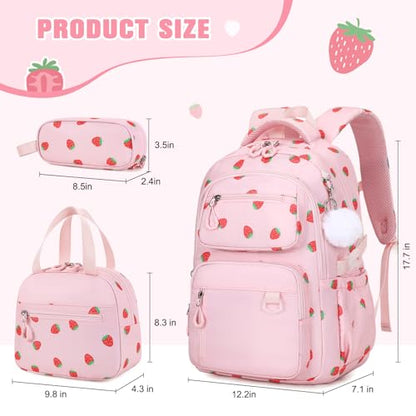 Bevalsa Backpack for Girls 3PCS Teen Girls Pink Backpack for School with Lunch Bag Pencil Case Cute Kids Laptop Backpacks Bookbag for Elementary Middle High School College Student (Strawberry) - color: Pink Strawberry