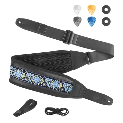 Guitar Strap and Bass Strap, Embroidery Guitar Strap, Adjustable Strap Length, Equipped with 3D Sponge Filled Foam Pad, Comes with 4 Picks + 2 Strap Locks, Best Gift for Guitar Players, Blue Flower - color: Blue Flower
