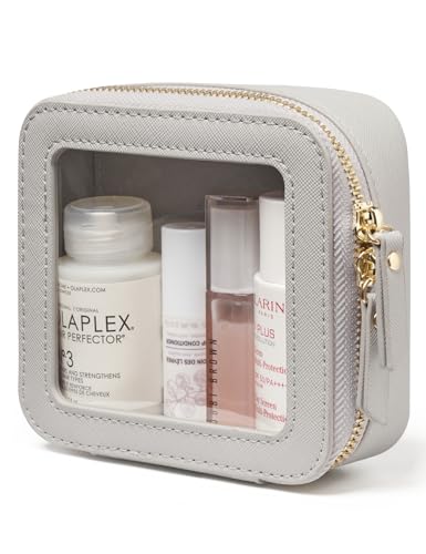 Popvibe Small Cosmetic Bag for Purse Mini Makeup Bag Cute Clear Make Up Pouch for Travel Tiny Leather White Make Up Organizer Case for Backpack Toiletry Bag Waterproof Square Pouch with Zipper - color: Beige Grey, style: Mini Chic