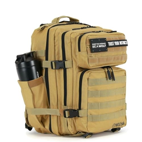 WOLFpak 35L Athletic Gym Backpack - Durable 1000D Waterproof Oxford Material with MOLLE Webbing, Laptop Pocket & Dual Cup Holders, Durable Fitness/Travel/Military Daypack (Khaki) - color: Khaki
