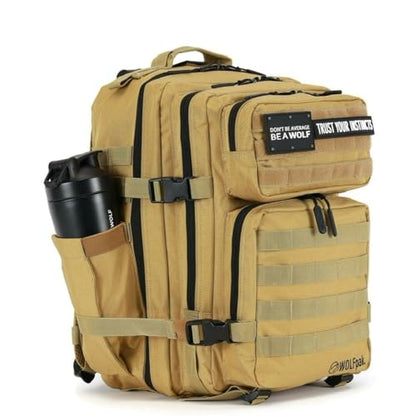 WOLFpak 35L Athletic Gym Backpack - Durable 1000D Waterproof Oxford Material with MOLLE Webbing, Laptop Pocket & Dual Cup Holders, Durable Fitness/Travel/Military Daypack (Khaki) - color: Khaki