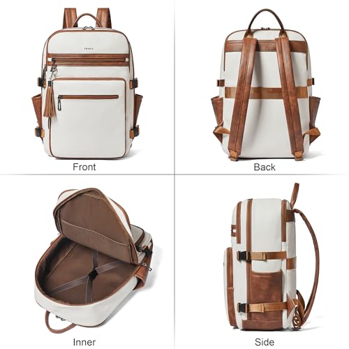 Shrrie Laptop Backpack for Women,Vegan Leather Backpack Work Computer Backpacks fits 16" Laptop,Water Resistant Teacher Nurse Casual Daypack for Weekender Camping Travel,Beige with Brown - color: Beige With Brown