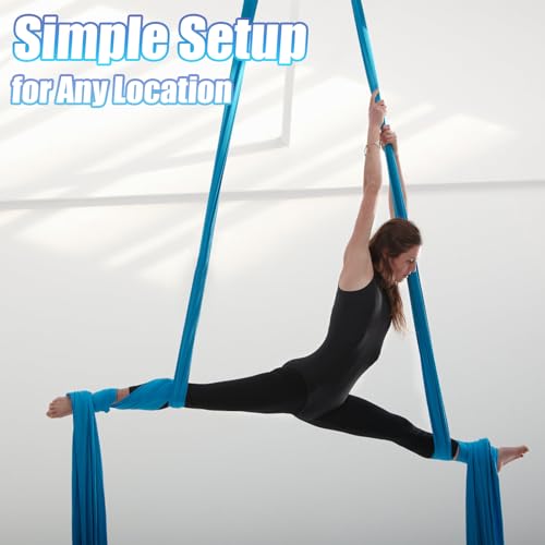 Aerial Silks Kit & Aerial Yoga Hammock - 11Yd Premium Fabric with Hardware - Easy Setup for Flying Yoga, Aerial Swing & Fitness - Supports Up to 14ft Rigging - color: Light Blue