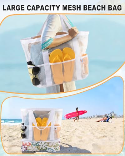 CaCTOUR Beach Bag with Cooler Compartment,Mesh Beach Bag Dry Wet Detachable with Zipper Pockets,Waterproof Sandproof Pool Bag - color: White