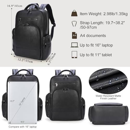 Masa Kawa Black Leather Business Travel Laptop Backpack for Men Fits 15.6" 16" Computer Office Work Commuting Executive Bag Waterproof Daypack
