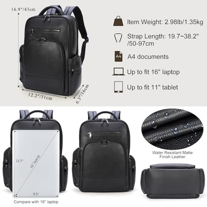 Masa Kawa Black Leather Business Travel Laptop Backpack for Men Fits 15.6" 16" Computer Office Work Commuting Executive Bag Waterproof Daypack