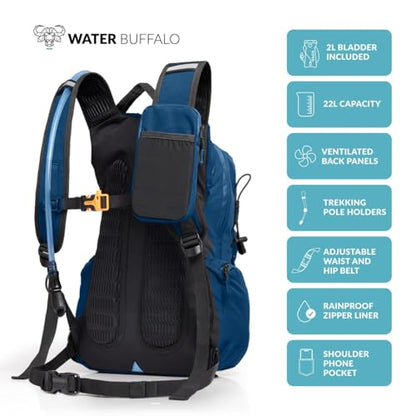Water Buffalo Hydration Backpack - Sherpa 22L Hiking Backpack with Water Bladder - Water Backpack for Hiking with Waterproof Zippers, Phone & Pole Holders - color: Navy Blue