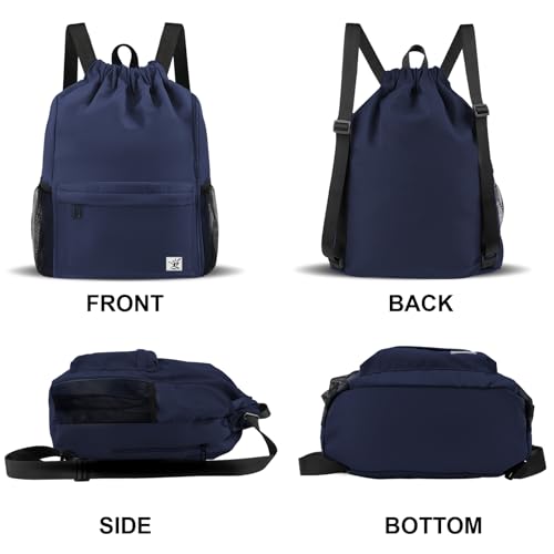 Drawstring Backpack with Mesh Pockets String Gym Bag Sackpack Sandproof Water Resistant Beach Backpack for Men Women - color: Midnight Blue
