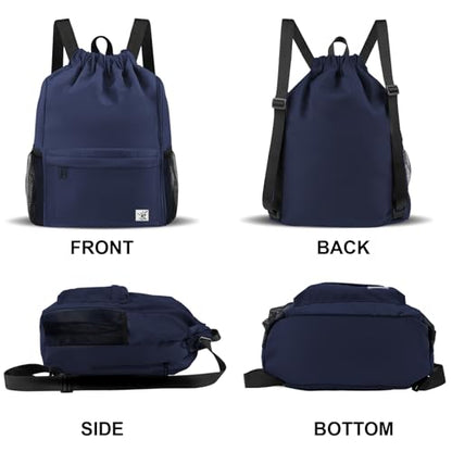 Drawstring Backpack with Mesh Pockets String Gym Bag Sackpack Sandproof Water Resistant Beach Backpack for Men Women - color: Midnight Blue