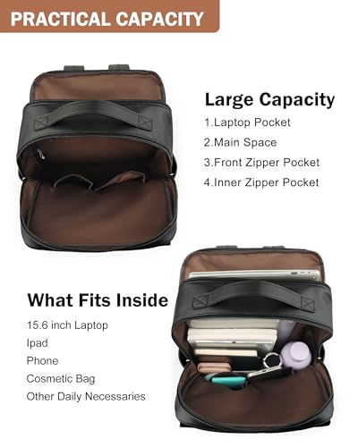 MASINTOR 15.6 inch PU Leather Laptop Backpack Purse for Women, Large College Casual Backpack Travel Bag Black - color: Black