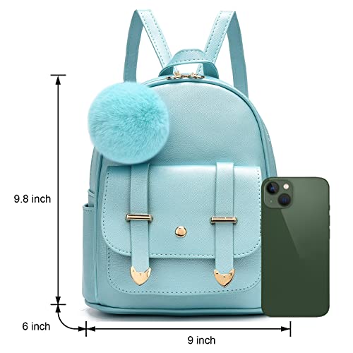I IHAYNER Girls Fashion Backpack Mini Backpack Purse for Women Teenage Girls Purses PU Leather Pompom Backpack Shoulder Bag - color: Pearl Blue