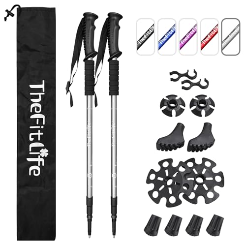 TheFitLife Nordic Walking Trekking Poles - 2 Sticks with Anti-Shock and Quick Lock System, Telescopic, Collapsible, Ultralight for Hiking, Camping, Mountaining, Backpacking, Walking, Trekking - color: Silver