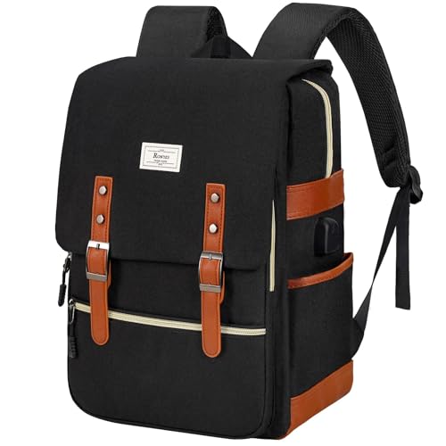 Ronyes Vintage Laptop Backpack for Women Men,15.6 inch Bookbag Casual Daypack with USB Charging Port for College Work, Black Backpacks - color: Black