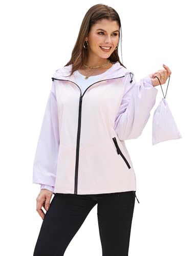 PITINAN Lightweight Rain Jacket Women Packable Wind Breaker Light Rain Jacket Women Waterproof Travel Raincoat S-XXL - color: Light Purple+peachy Pink, size: X-Large