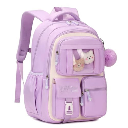 PIG PIG GIRL Kids Backpack for Girls School Bags for Middle School Students Book Bag for Elementary Primary Kawaii Ita Backpack, Purple and Beige - color: Purple and Beige