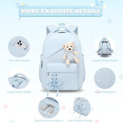 ACESAK School Backpack for Girls - 3 PCS Cute Girls Backpack with Lunch Box & Pencil Case - Kawaii Casual Kids Bookbag School Bag Daypacks Set for Elementary Middle High School Student Teens (Blue) - color: Blue
