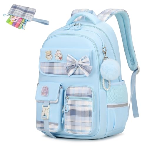 MOONBABY Girls Backpack, Kids Backpack for Girls School Bags with Pen Case, Bow Plaid Book Bag for Elementary Middle Primary High School College, Blue-2pcs - color: Blue