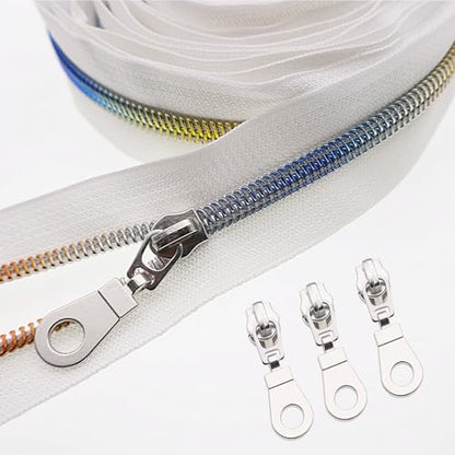 #5 Colorful Metallic Nylon Coil Zippers by The Yard, Bulk White Zipper Tape 10 Yards with 25Pcs Pulls for DIY, Sewing, Craft, Bags YIGUANXIN - color: White-Rainbow teeth