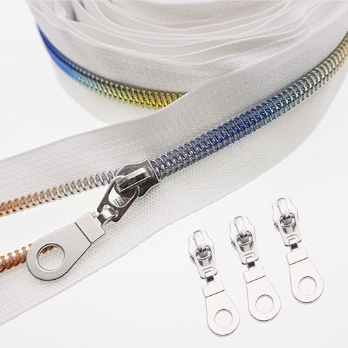 #5 Colorful Metallic Nylon Coil Zippers by The Yard, Bulk White Zipper Tape 10 Yards with 25Pcs Pulls for DIY, Sewing, Craft, Bags YIGUANXIN - color: White-Rainbow teeth