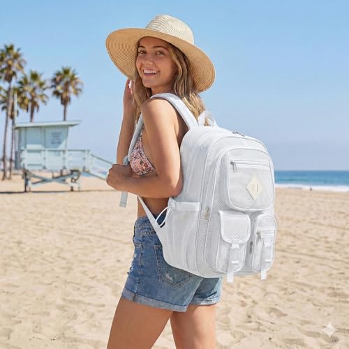 Mesh Backpack for Girls Boys, Women Mesh Bookbags Heavy Duty Semi-Transparent School Bag Net Back Pack for Travel, Beach, Swimming, Work - White - color: White