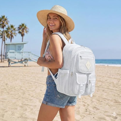Mesh Backpack for Girls Boys, Women Mesh Bookbags Heavy Duty Semi-Transparent School Bag Net Back Pack for Travel, Beach, Swimming, Work - White - color: White