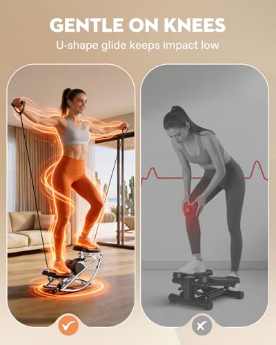 Low-Impact Rocking Steppers for Exercise at Home with Digital Display & Resistance Bands and Non-Slip Mat Equipment for Seniors & Beginners,250LBS Capacity