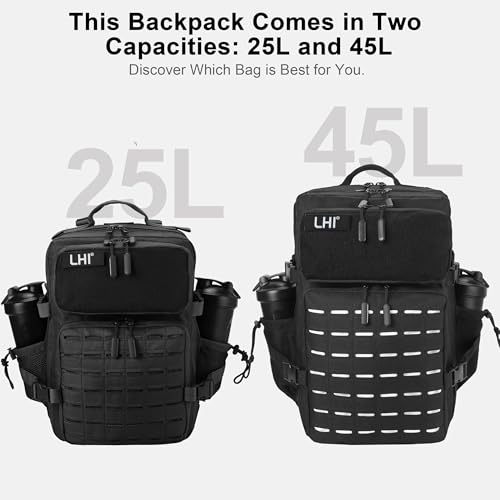 LHI Tactical Military Backpack for Men 25L/45L Large Molle Army Assault Pack 3 Day Hiking Rucksack With Bottle Holder - color: Black With Bottle Holder, size: 25L