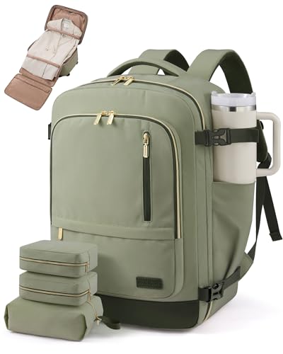 LOVEVOOK 50L Travel Backpack for Women Men with Garment Bag, Airline Approved Carry on Luggage Travel Essentials with 3 Packing Cubes, TSA Overnight Bags Weekender Essentials Backpacks fits 17" Laptop - color: Bean Green-dark Green, size: 50L-4Pcs