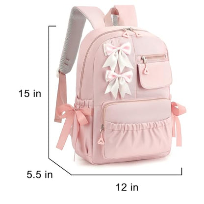 Girls Elementary School Backpack with Bows for Kids Kawaii Coquette Bookbag - color: Pink, size: Medium (15"h)