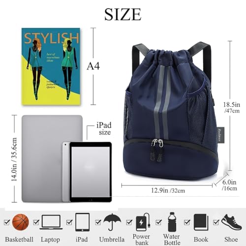 Drawstring Backpack with Shoe Compartment,Water Resistant Sports Gym Bag,String Bag for Men Women,Soccer,Basketball - color: Royal Blue