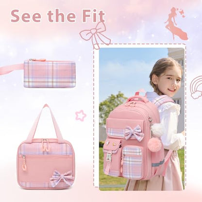 Alrisg Girls School Backpack Preppy Plaid Bookbag Lightweight Backpack for Girls Elementary Middle School Bow Pink Set - color: Pink, size: 17in Set
