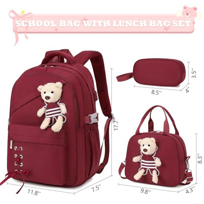 ACESAK School Backpack for Girls - 3 PCS Cute Girls Backpack with Lunch Box & Pencil Case - Kawaii Casual Kids Bookbag School Bag Daypacks Set for Elementary Middle High School Student Teens (Red) - color: Red