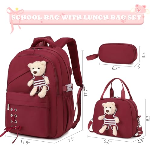 ACESAK School Backpack for Girls - 3 PCS Cute Girls Backpack with Lunch Box & Pencil Case - Kawaii Casual Kids Bookbag School Bag Daypacks Set for Elementary Middle High School Student Teens (Red) - color: Red